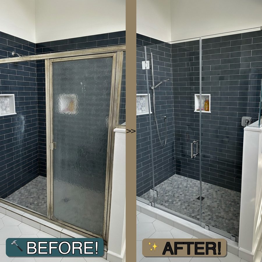 Custom angled frameless panel installation Lexington MA brushed nickel