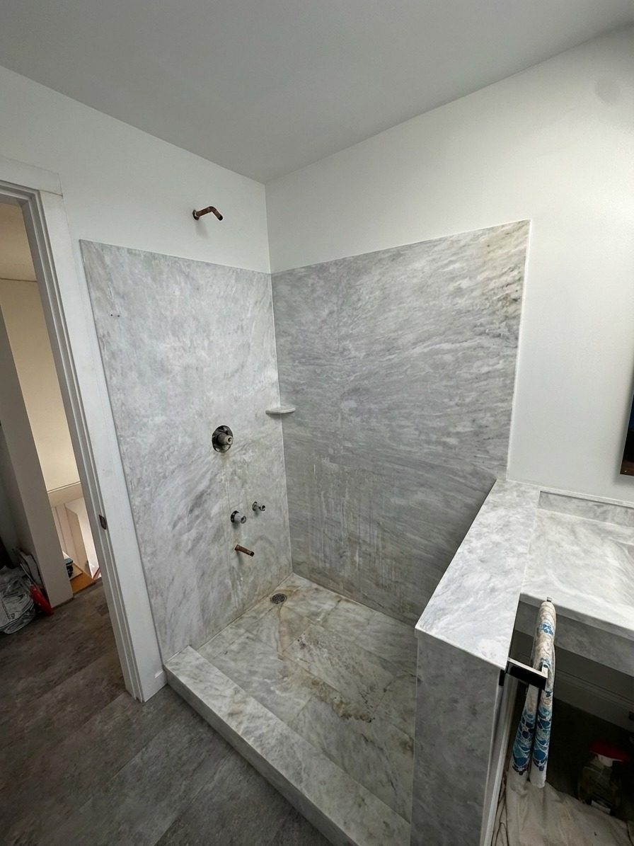 Curtain rod to frameless bypass shower door Brookline MA chrome